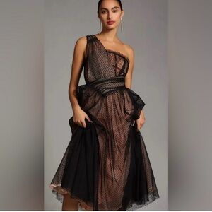 Anthropologie Tulle Dot Maxi Dress One Shoulder Black Dotted Nude Lining Size 6